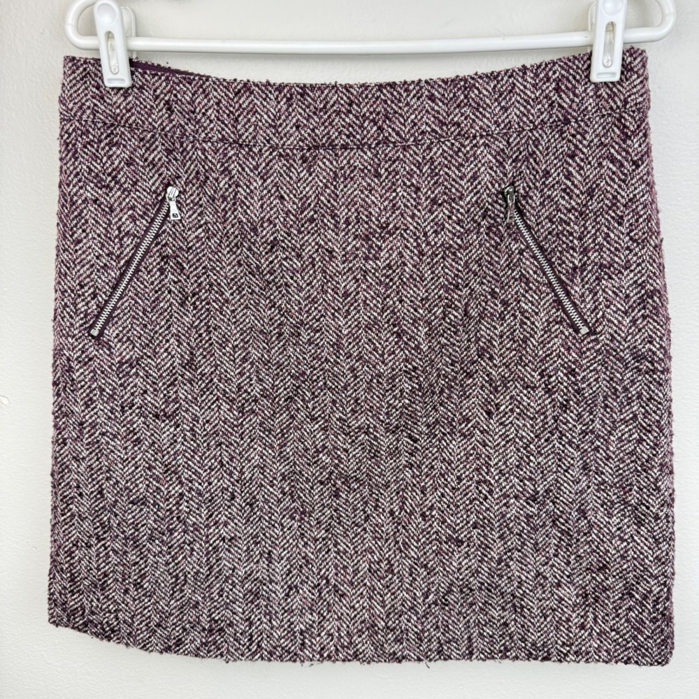 LOFT Purple Herringbone Tweed Mini Above-Knee Skirt Wool Blend Zip Pockets Sz 10